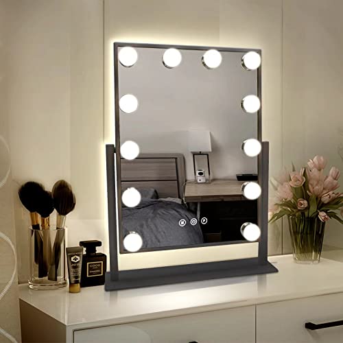 TUREWELL Hollywood Make-up-Spiegel mit Lichtern, großer beleuchteter Kosmetikspiegel mit 3 Farblicht und 12 dimmbaren LED-Leuchtmitteln, Smart-Touch-Control-Bildschirm und 360-Grad-Drehung