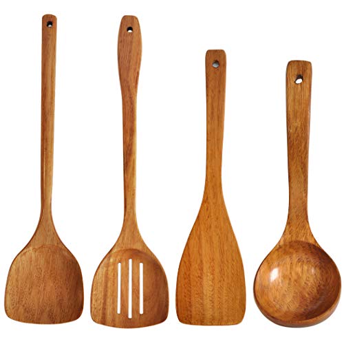 Holzspatel, Pfannenwender, Schöpflöffel mit langem Griff, handgefertigt für Küche Kochgeschirr (4 Sets)