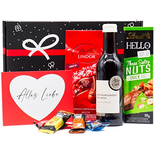 Geschenkset "Wein & Schokolade" | Präsentkorb gefüllt mit Rotwein, Lindt Pralinen & personalisierter Grußkarte