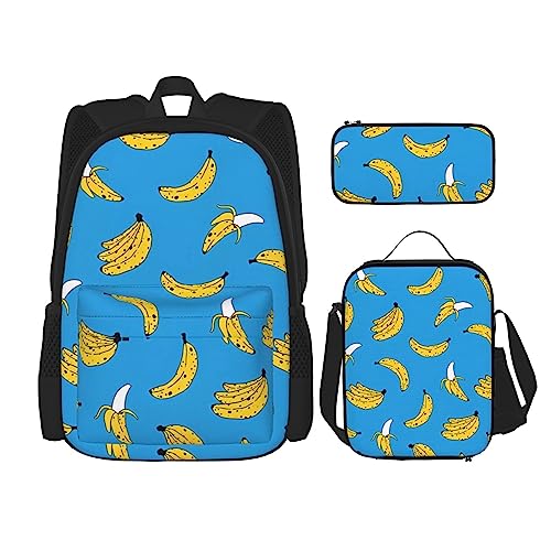 Rucksack mit Bananenaufdruck, 3-teilig, Schulranzen mit Brotdose und Federmäppchen, geeignet für Jungen und Mädchen, Schwarz , Einheitsgröße, Kinderrucksack