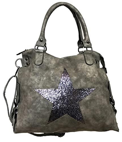 Stern Glitzer Damen Tasche Star Fashion Shopper Henkeltasche Glanz Style Bag (Grau)