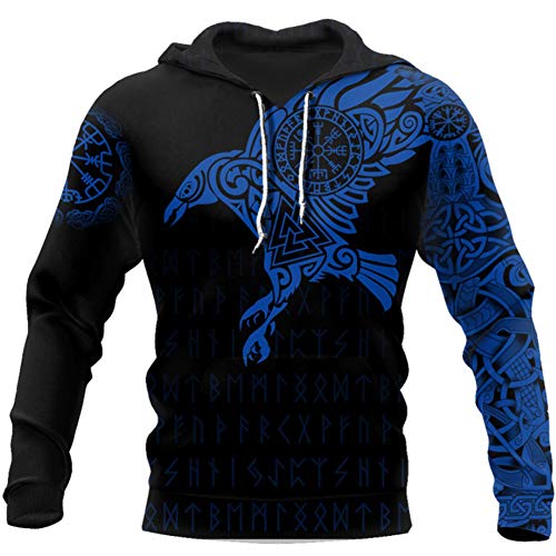 WLXW Viking - Der Rabe Von Odin Tattoo 3D Gedruckte Herren Hoodies Harajuku Fashion Hooded Sweatshirt Herbst Unisex Hoodie,Blau,XL