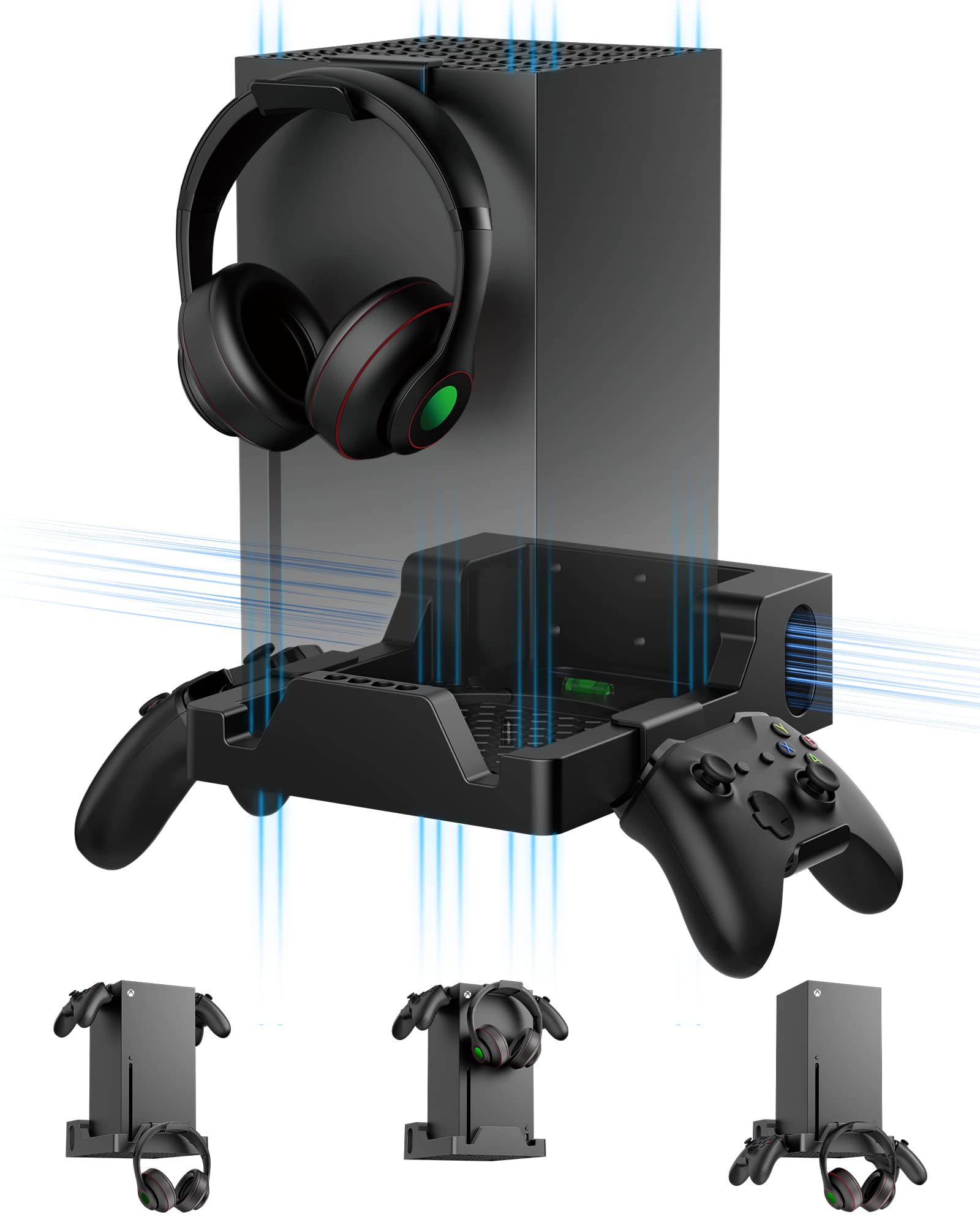 Wandhalterung für Xbox Series X, Wiilkac 4in1 Wandhalterung Kit für Xbox Series X mit zwei ControllerHalterungen & Kopfhörerhaken, integriertes und belüftetes Design, Konsole kann nach vorne