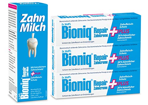 Bioniq Repair Zahncreme Plus und Zahn Milch im Set - Zahnpasta mit künstlichem Zahnschmelz und Zahnfleisch-Schutz und reparierende Mundspülung - 3 x 75 ml / 1 x 400 ml