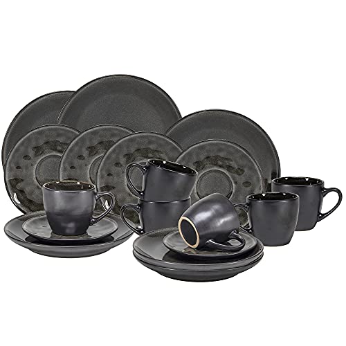 18-tlg. Kaffeeservice aus Porzellan für 6 Personen - Kaffeetassen Teetassen Kaffeebecher Tassen Dessertteller Kaffee-Service ("reactive glaze" new black)