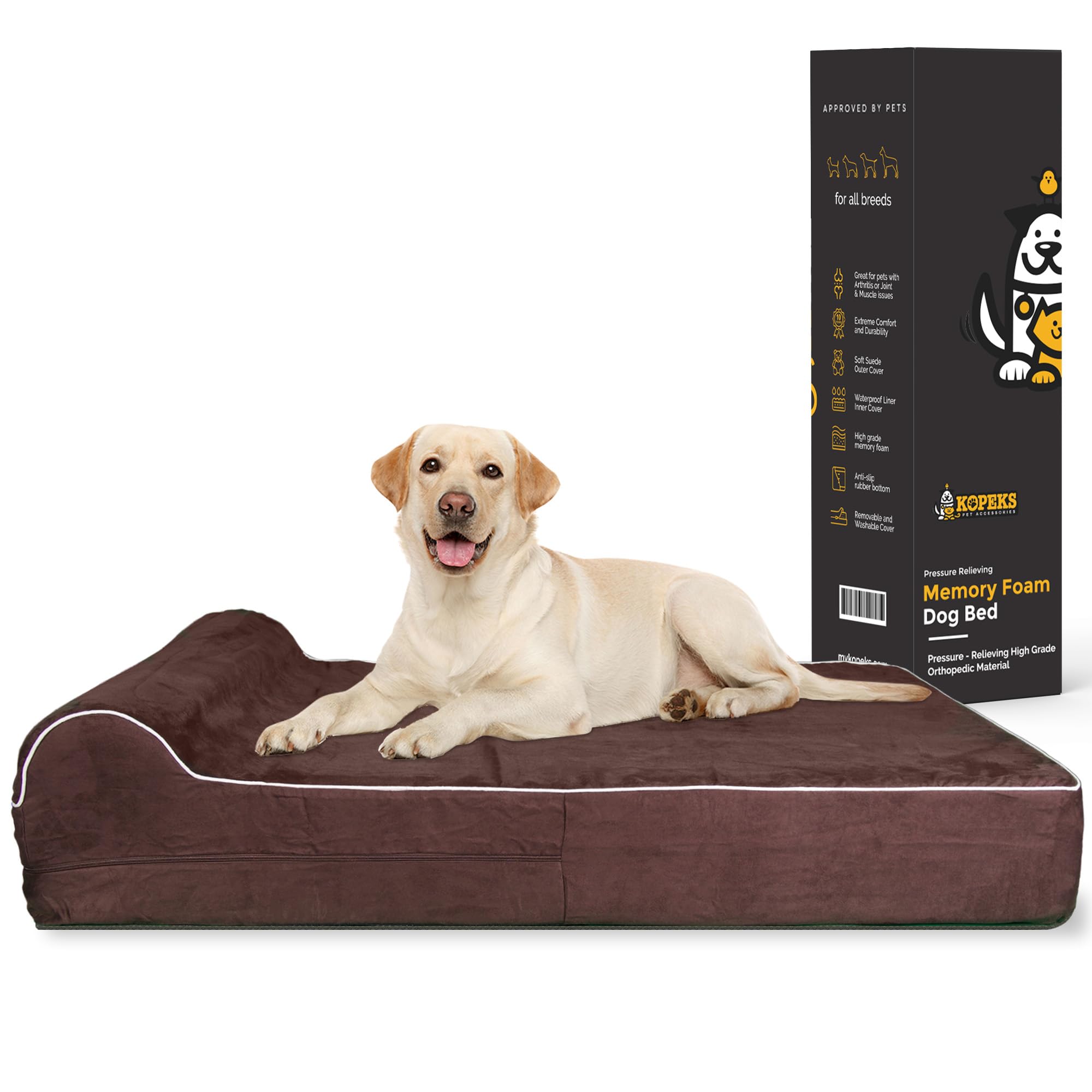 KOPEKS Orthopädisches Bett aus Memory-Schaum mit Kissen für Hunde, inkl. wasserdichtem Innenschutz und abnehmbarem Bezug