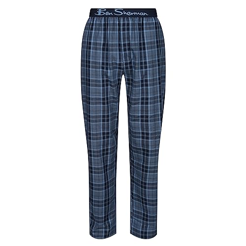 Ben Sherman Mens Lounge Pants in Blue Check | Lightweight with Elastic Branded Waistband & Side Seam Pockets - 100% Cotton