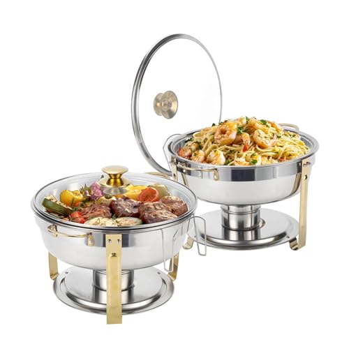 RSBFER Chafing Dish-Buffet-Set aus Edelstahl, runde Chafer-Wärmer mit Glasdeckel für Catering, Partys und Hochzeiten,Gold,2Pack
