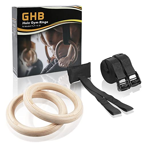 GHB Gym Ringe Holz Gymnastikringe Trainingsringe mit verstellbaren Buckles Straps für Fitness Training 32mm