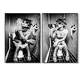 Mode Toilette Sexy Frau Leinwanddrucke Moderne Bar Mädchen Rauchen und Trinken in der Toilette Schwarz und Weiß Malerei Bild Poster-50x70cmX2 pcs Kein Rahmen