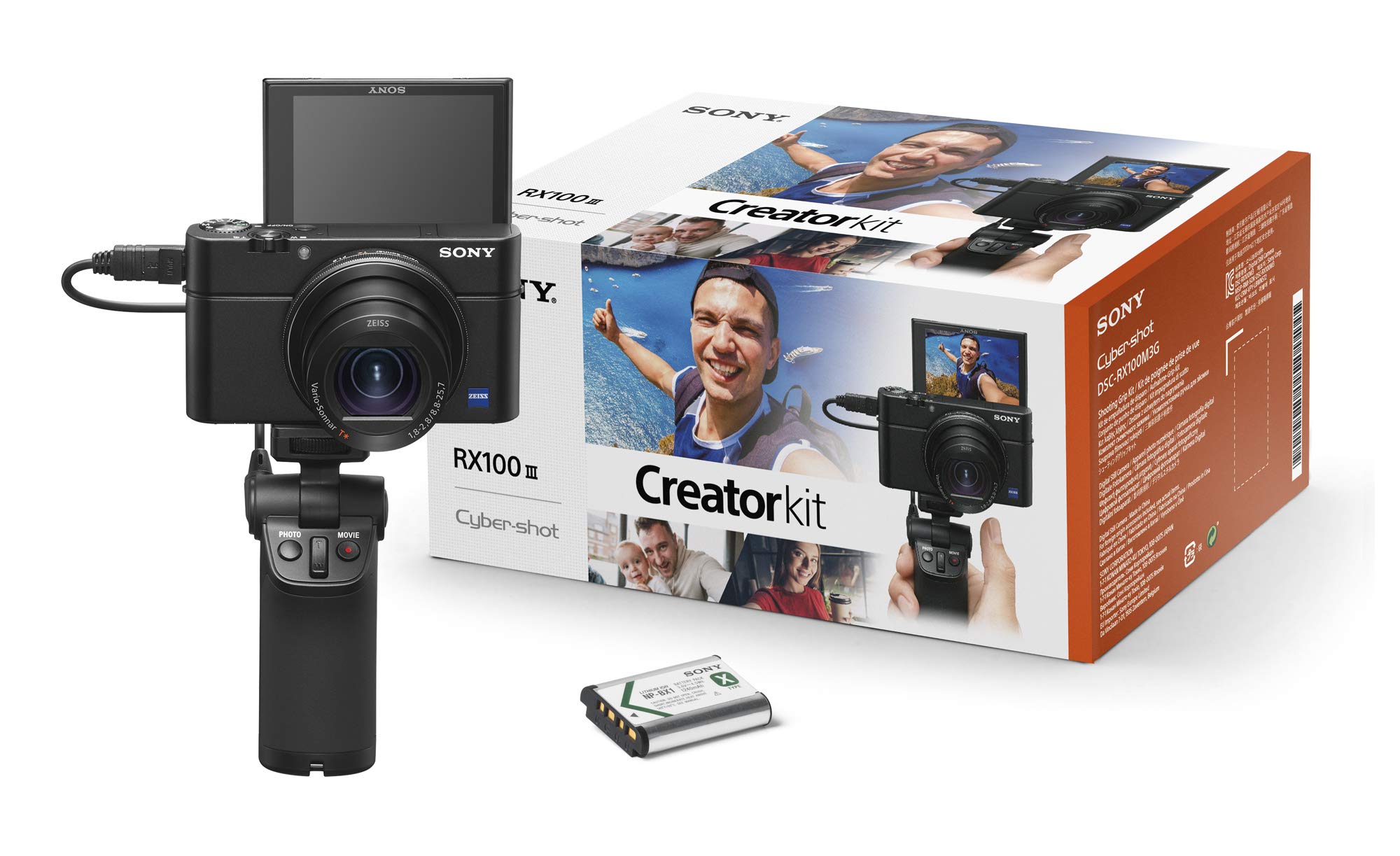 Sony RX100 III Creator Kit | Premium-Kompaktkamera mit Aufnahmegriff VCT-SGR1 (1.0-Typ-Sensor, 24-70 mm F1.8-2.8 Zeiss-Objektiv und neigbares Display für Vlogging)