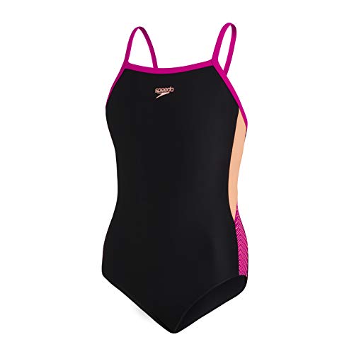 Speedo Dive Muscleback mit dünnen Trägern Mädchen Badeanzug, Schwarz/Neon Fire/Electric Pink, 5-6 Jahre