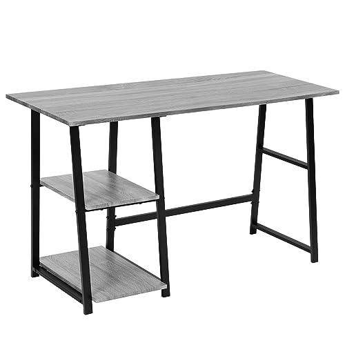 eSituro Schreibtisch, Tisch mit Regal rechts oder Links, Computertisch, Bürotisch, PC Tisch, Industrie Design, für Homeoffice, mit Metallgestell, Holzwerkstoff, schwarz, grau, 120x73x50 cm