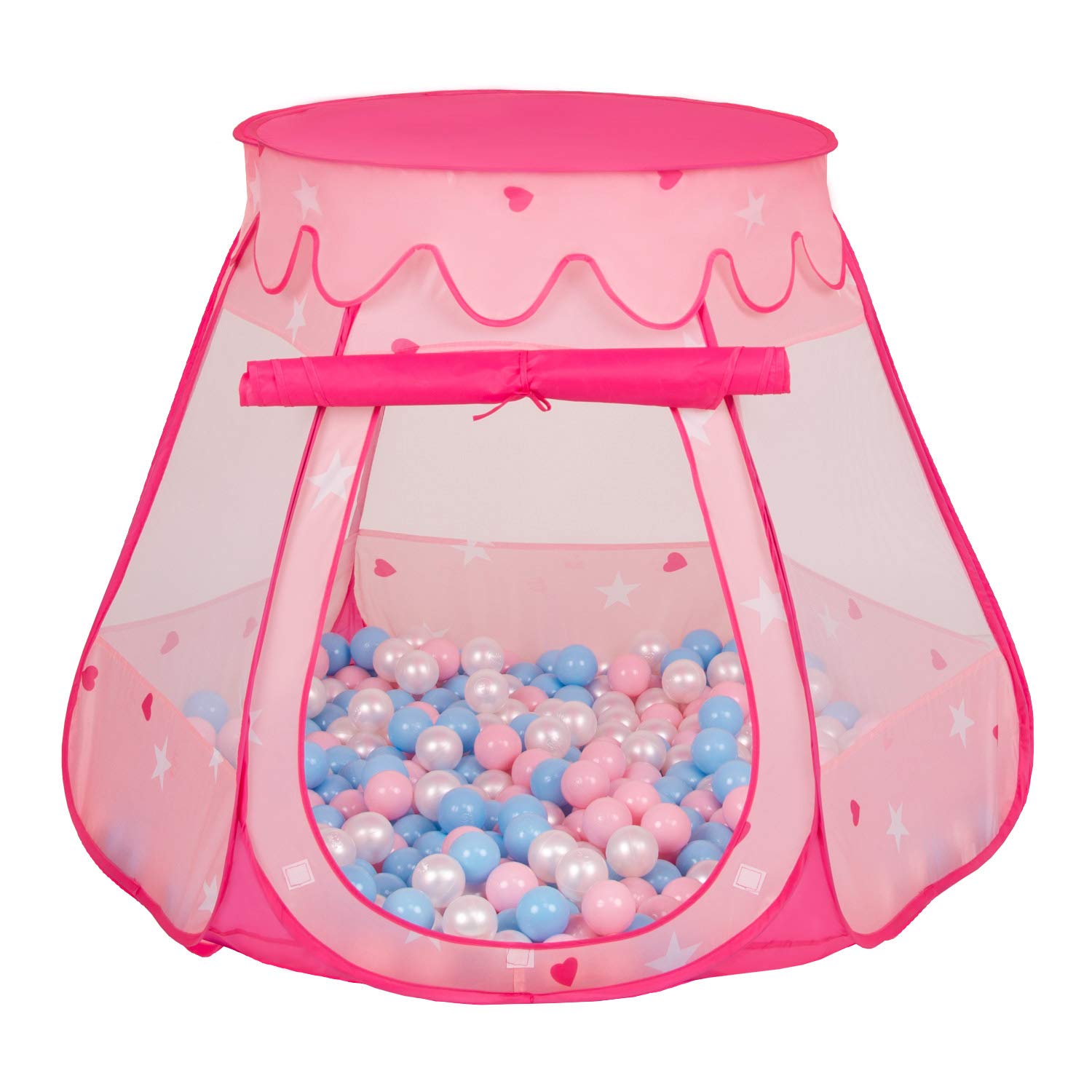 Selonis Baby Spielzelt Mit Plastikbällen Zelt 105X90cm/300 Bälle Plastikkugel Kinder, Pink:Babyblau-Puderrosa-Perle