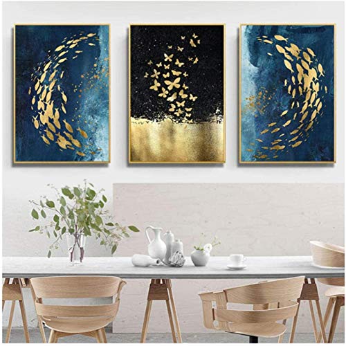 HONGC Modern Luxus Blau Gold Wandbilder Abstrakt Tiere Bilder Schmetterlinge Fische Leinwandbilder Poster und Drucke Pop Art Dekor 50x70cm/19.6”x27.5”x3 Kein Rahmen