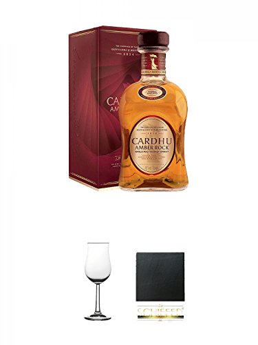Cardhu Amber Rock Single Malt Whisky 0,7 Liter + Whisky Nosing Gläser Kelchglas Bugatti mit Eichstrich 2cl und 4cl 1 Stück + Schiefer Glasuntersetzer eckig ca. 9,5 cm Durchmesser