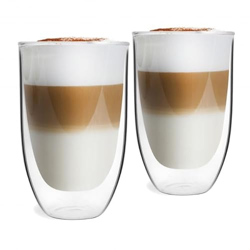 Vialli Design Set 2 x Thermogläser Doppelwandig 350 ml, Hoch Gläser für Latte Macchiato, Cappuccino, Amo Kollektion, Kaffeetassen, Kaffeegläser, Hitzebeständiges Glas, Transparente