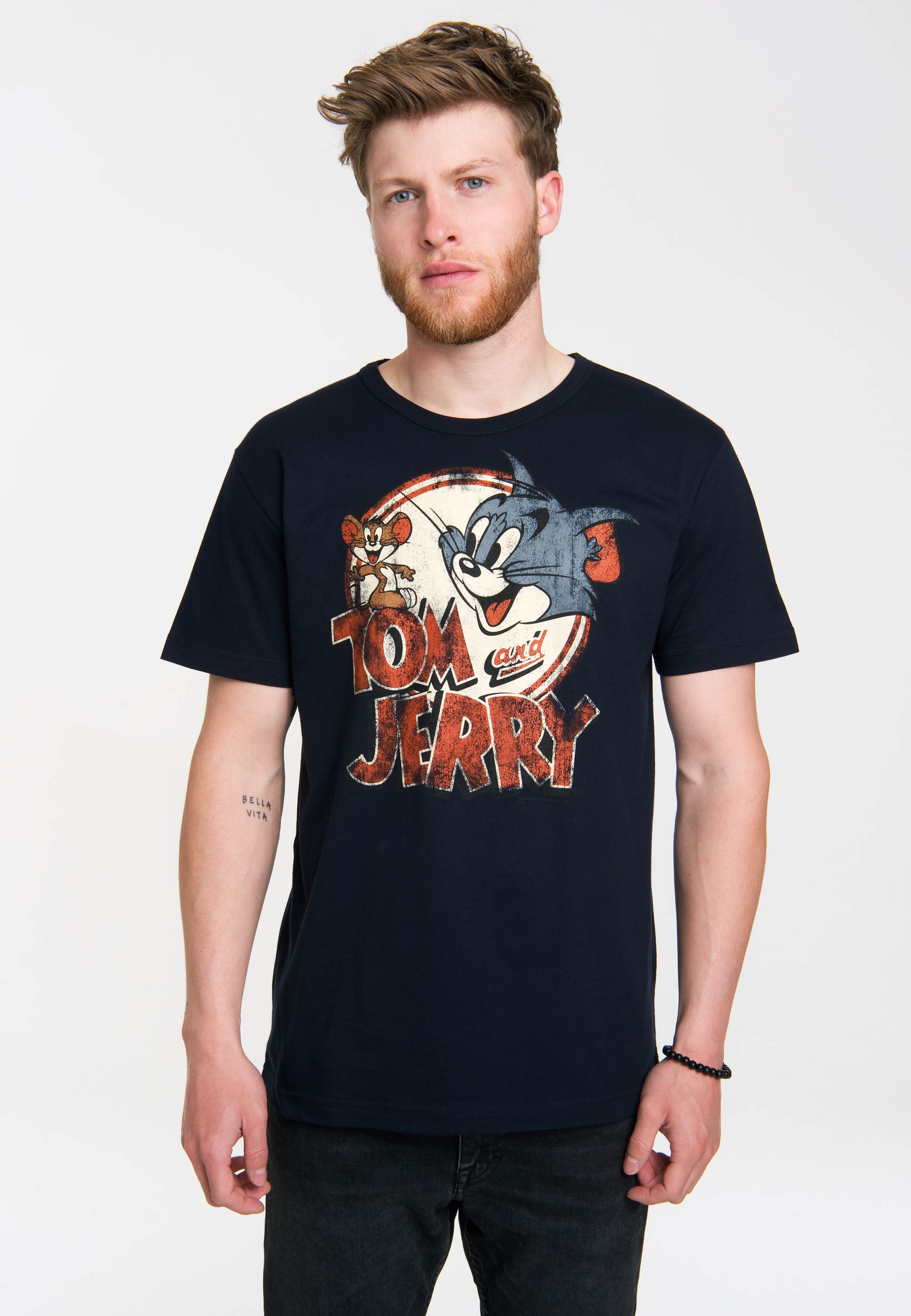 Logoshirt Herren T-Shirts Tom and Jerry - Logo, Rundhals - Blau - Blue (Navy) - Größe L (Herstellergröße: Large)