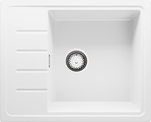 Spülbecken Weiß 62x50 cm, Granitspüle + Ablauf-Set, Küchenspüle für 50er Unterschrank, Einbauspüle von Primagran
