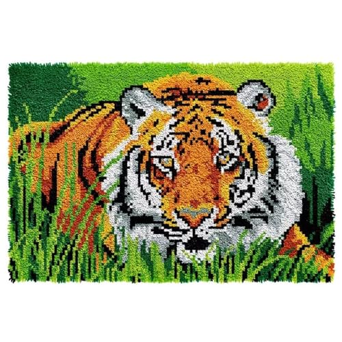 AMBATTERY Knüpfteppich Tiger Tier Latch Hook Teppich für sich selbst Knotenset Erwachsene mit Haken DIY Teppich Machen Sie sich zu Hause Büro Haustür 20x15in