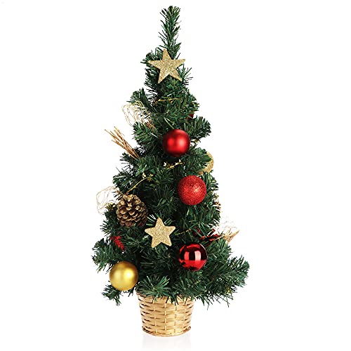 COM-FOUR® Künstlicher Weihnachtsbaum mit Christbaumkugeln - Geschmückter Tannenbaum für die Weihnachtsdekoration - Christbaum für die Deko zu Weihnachten (01 Stück - 60cm - rot/goldfarben)