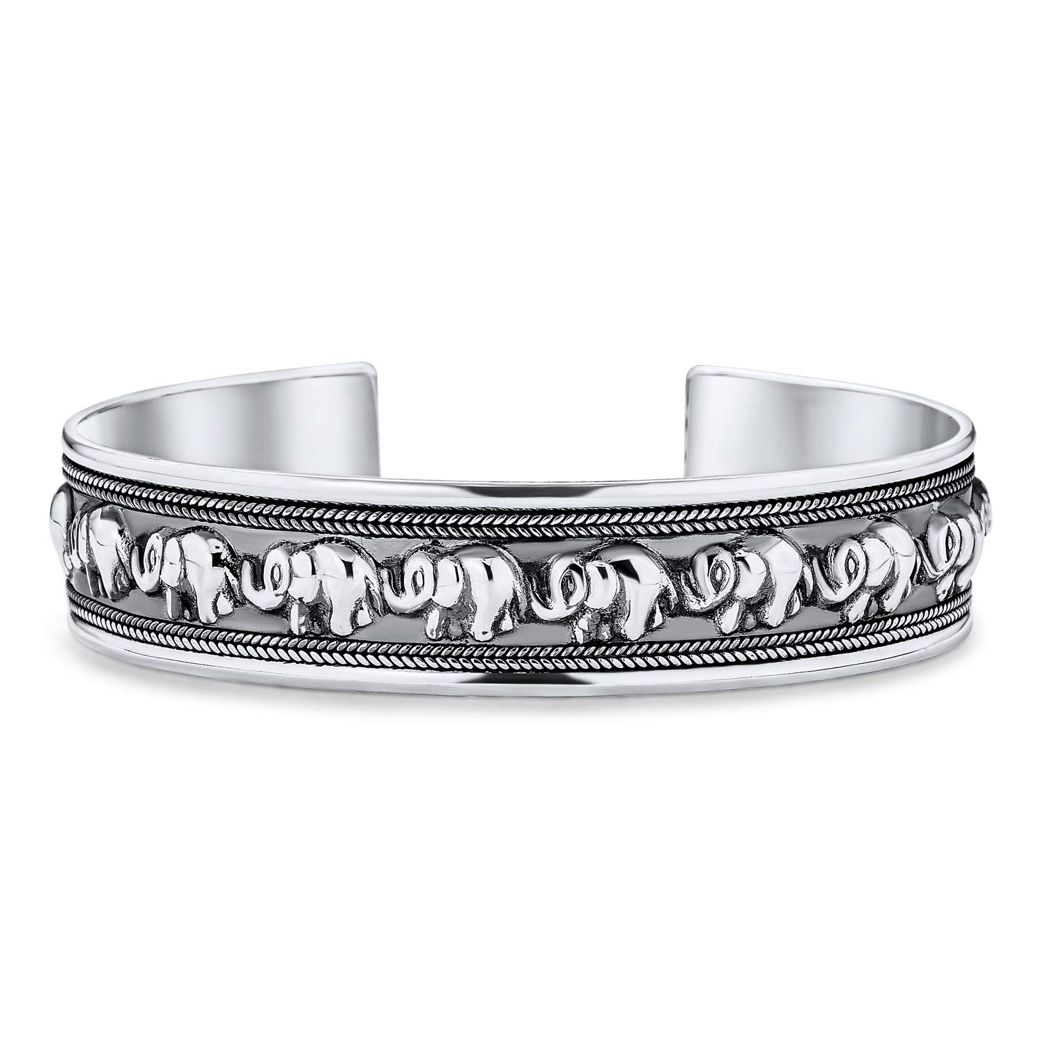 Bling Jewelry Bali Stil Viel Glück Multi Elephant Armreif Manschette Armband Für Frauen Massiv Schwer Oxidiert .925 Sterling Silber