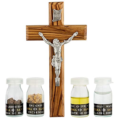 MaMeMi Olivenholz Kruzifix mit 4 Essenzen aus dem Heiligen Land und Geschenkverpackung