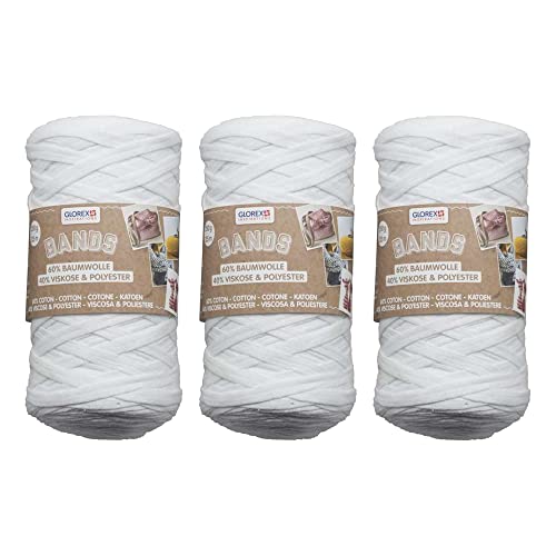 GLOREX 5 1005 50 - 3er Set Bands Makramee aus 60 % Baumwolle & 40 % Viskose, je 250 g in Weiss, ca. 125 m superweiches Textilgarn