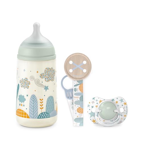 Suavinex, Set für Neugeborene, Geschenk für Babys mit: Anti-Kolik-Flasche, 270 ml, mittlerer Durchfluss (M) + Schnuller 0/6 Monate + Schnuller, für Babys 0/6 Monate, Sx Pro Silikon-Sauger, Dreams Grün