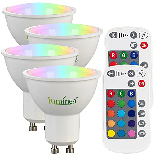 Luminea LED-Lampen GU10 farbig: 4er-Set LED-Spots GU10, RGBW, 4,8 W, 400 lm, dimmbar (LED-Leuchtmittel GU10 Farbwechsel)