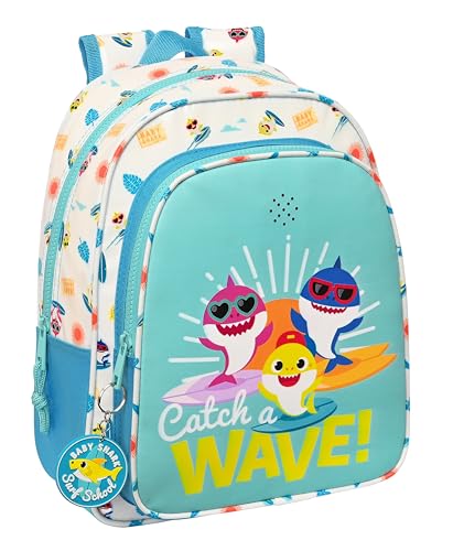 BABY SHARK SURFING Schulrucksack für Kinder mit Musik, ideal für Kinder unterschiedlichen Alters, bequem und vielseitig, Qualität und Widerstandsfähigkeit, 27 x 10 x 33 cm, Blau und Weiß, blau/weiß,