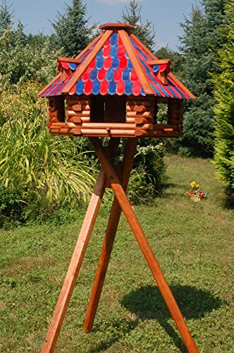 Deko-Shop-Hannusch XXL Luxus Vogelhaus mit Solarbeleuchtung absoluter Blickfang, Vogelfutterhaus aus Holz, V13 XXL mit Ständer, Farbe:Blau - Rot
