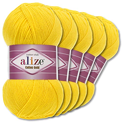 Wohnkult Alize 5 x 100 g Cotton Gold Premium Wolle| 39 Farben Sommerwolle Garn Stricken Amigurumi (110 | Sonnengelb)