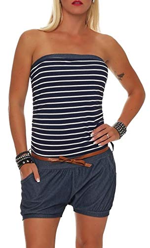 Malito Damen Einteiler kurz im Marine Design | Overall mit Gürtel | Jumpsuit im Jeans Look | Romper - Playsuit 9646 (dunkelblau)