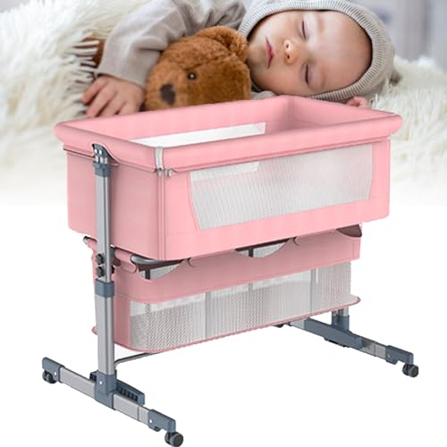 DPQYJPP Bassinary-Nachtbett, 3-in-1-Baby-Beistellbett, tragbares Beistellbett für Kleinkinder, feststellbare Räder, höhenverstellbares Laufstall-Reisebett für Kleinkinder,Pink
