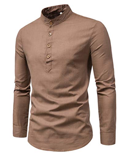 Herren Hemd Retro Casual Bequem Langarmshirt Regular Fit Unifarben Baumwolle Und Leinen Stehkragenhemd Oberteile (Kaffee,3XL)