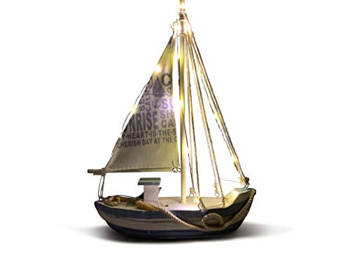 ReWu Holzschiff, Segelschiff aus Holz mit LED Beleuchtung WarmWeiß, Maritime Dekoration 21,5 x 28 cm, Dekoartikel Weiß