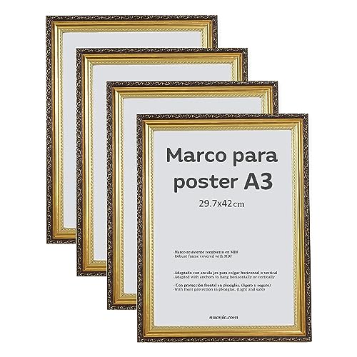 Nacnic - Packung mit 4 goldenen MDF-Rahmen und Acrylglas | Schutz und Präsentationsständer für Fotos, Plakate, Poster, Bilder und Dekorationen für Wohnzimmer, Schlafzimmer oder Büro | A3 (29,7 x 42