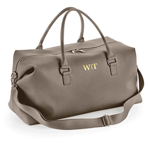 AWASG Personalisierte Weekender Reisetasche für Damen | Sport- und Reisetasche mit Initialen | Frauentasche groß Totebag mit abnehmbarem Umhängegurt (Taupe)