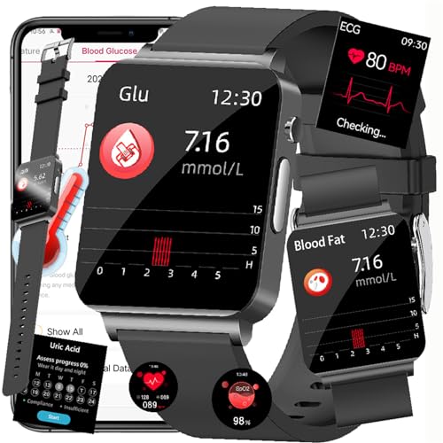 Fohatu 𝐄𝐂𝐆 Smartwatch 𝐛𝐥𝐮𝐭𝐳𝐮𝐜𝐤𝐞𝐫𝐛𝐥𝐮𝐭𝐳𝐮𝐜𝐤𝐞𝐫𝐦𝐞𝐬𝐬𝐮𝐧𝐠,Smartwatch Mit Bluetooth-Anrufe Blutfette Harnsäure Körpertemperatur Monitor,Black