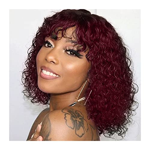 Perücken Kurze Kinky Curly Bob Perücke mit Pony 10-16" Curl Echthaar Perücken for schwarze Frauen Brasilianisches Remy Haar Full Machine Curl Perücken perücke fasching (Color : 002, Size : 10inches