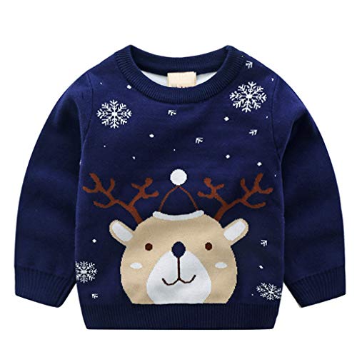 Baby Weihnachten Strickpullover Winter Sweatshirt Gestricktes Pullover Hirsch Blau 1-2 Jahre