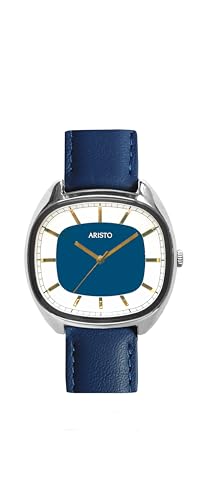 Aristo Unisex Quarz-Armbanduhr - Blaues Lederarmband und poliertes bicolores Edelstahl Ziffernblatt mit Front aus Mineralglas - Made in Germany