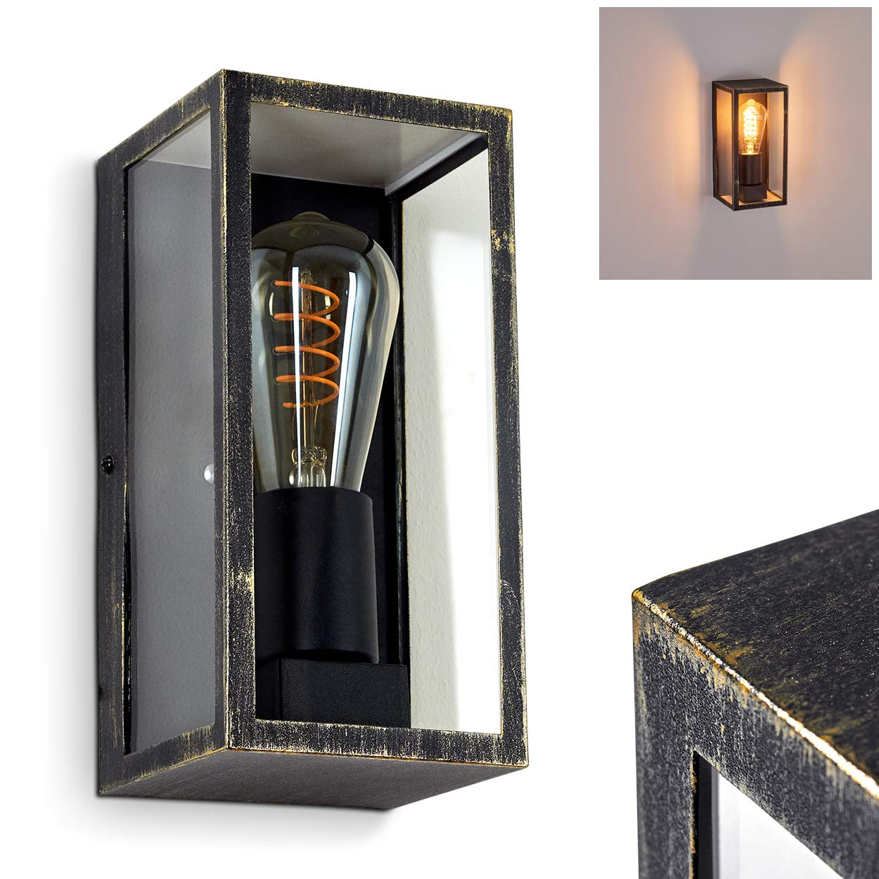 Außenwandleuchte Hakkas, Wandlampe aus Metall in schwarz/gold und klaren Glas, 1-flammige Außenlampe mit Lichteffekt, 1 x E27, ohne Leuchtmittel