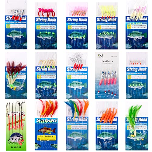 Yoshikawa 15 Packungen Makrelenfedern, Rigs zum Meeresangeln, Packung mit Makrelen-Köderhaken, Köder, Meeresangel-Rigs, Tackle-Zubehör für Sommerarten, Bootsufer, Strandangeln
