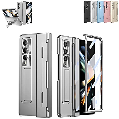 for Samsung Zfold3/Zfold4 Flat Hinge Folding Electroplated Lens Film Mobile Phone Case,Support Wireless Charging,Anti-Drop Protective Case,with Kickstand,Anti-Fingerprint Phone Cover (ZFold3, Silver)