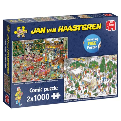 Jumbo Spiele Jan van Haasteren Puzzle 2x 1000 Teile - Weihnachtsessen + Weihnachtsbaummarkt – 2 in 1 - ab 12 Jahren – Comic Puzzle