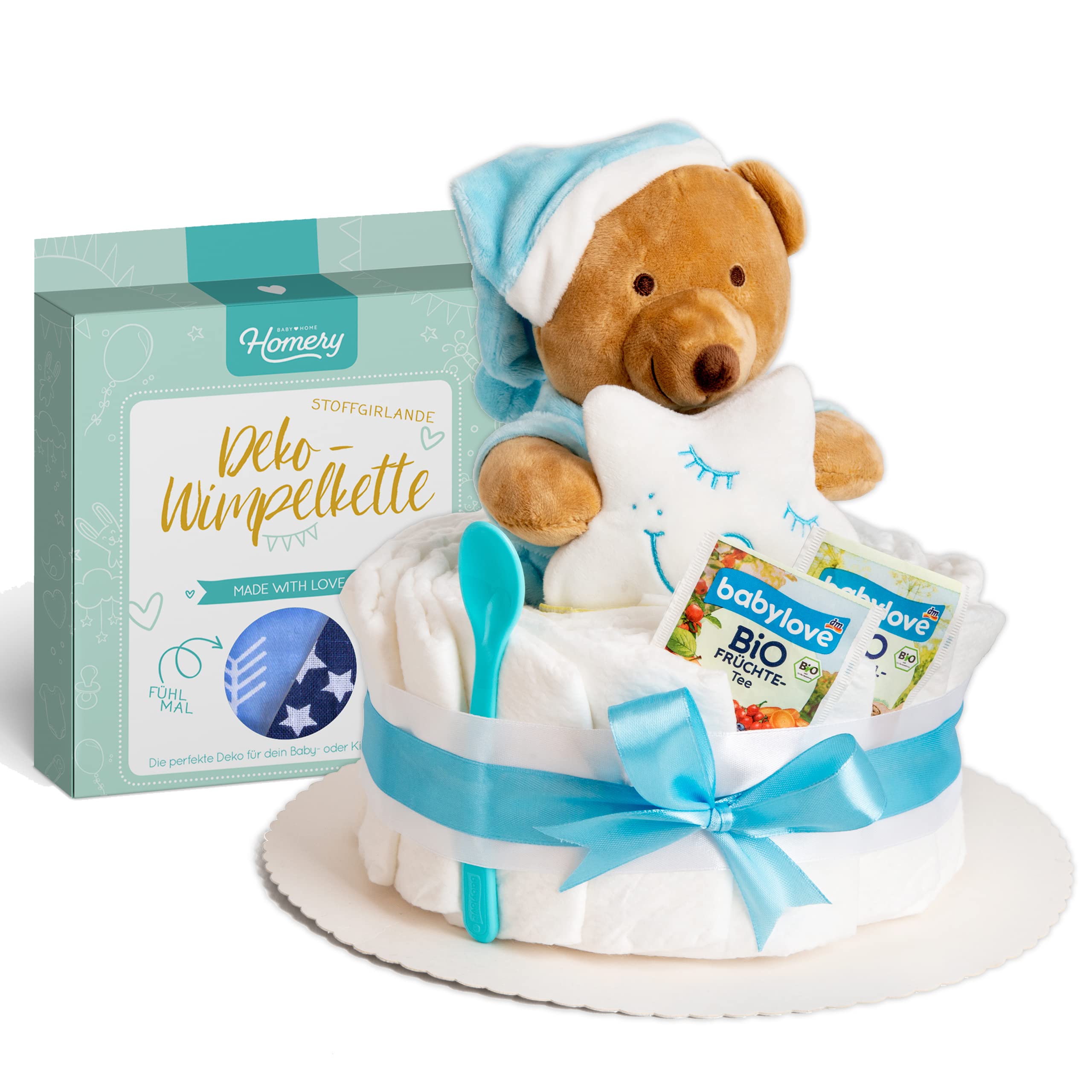 Windeltorte in Blau mit Kuscheltier und Wimpelkette für Junge, Pinkelparty Geschenke zur Geburt, Taufe oder Baby-Party - Geschenkidee mit neugeborene Windeln - Inklusive Glückwunschkarte