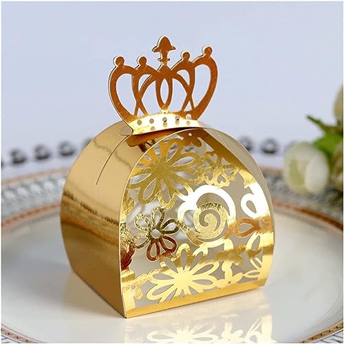 ❀ Süßigkeiten-Schachtel, 50 Stück Gold Hochzeit Party Geschenkbox Geschenktüten Rose Cut Hollow Candy Dragee Taufe Schokolade Verpackung Box Papierbox (Farbe: Gold Rose Crown, Größe: 50 Stück) (Color