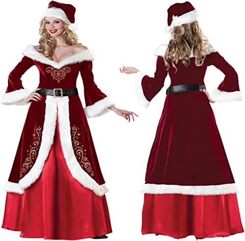Lady Santa Claus Kostüm Roter Samt Weihnachtskleid Damen Langes Kleid Fancy Party Cosplay Weihnachtskleid Damen Hut + Kleid + Gürtel XL.